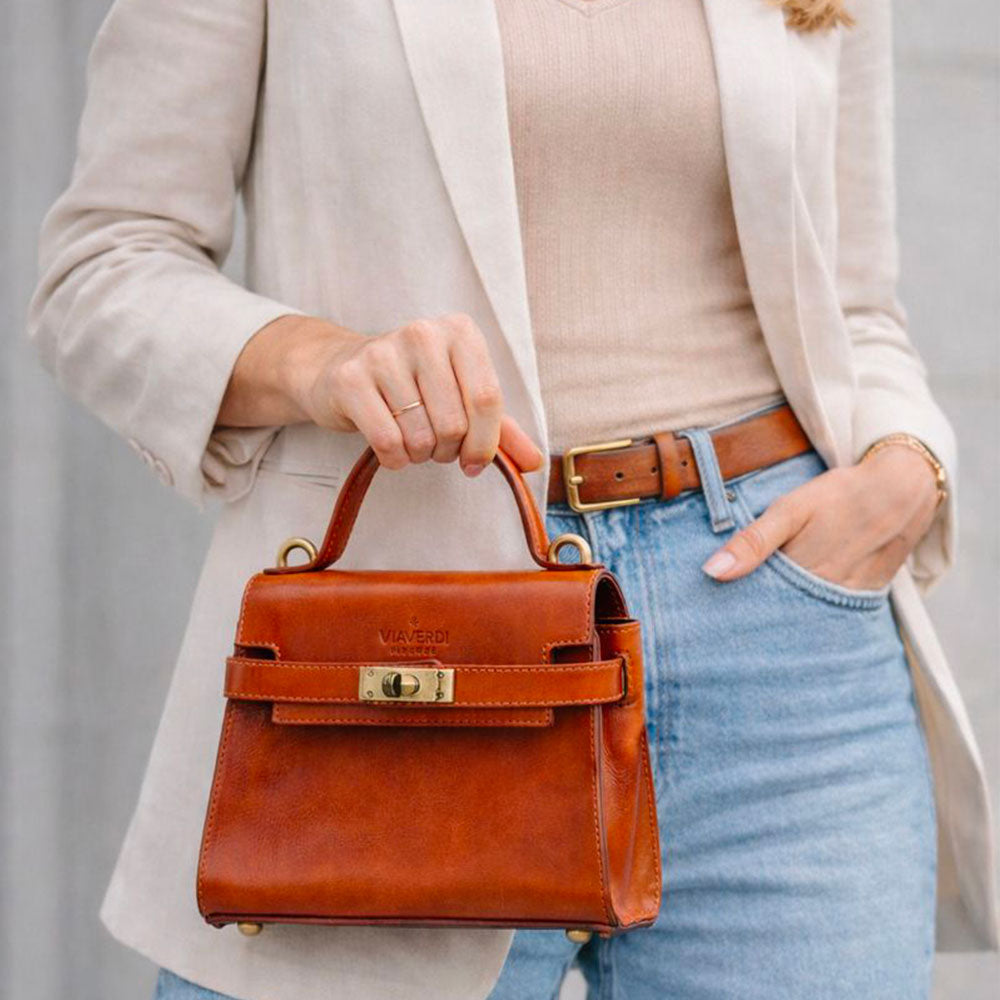 Borsa a Mano VIAVERDI in Pelle color Cuoio Made in Italy linea Firenze