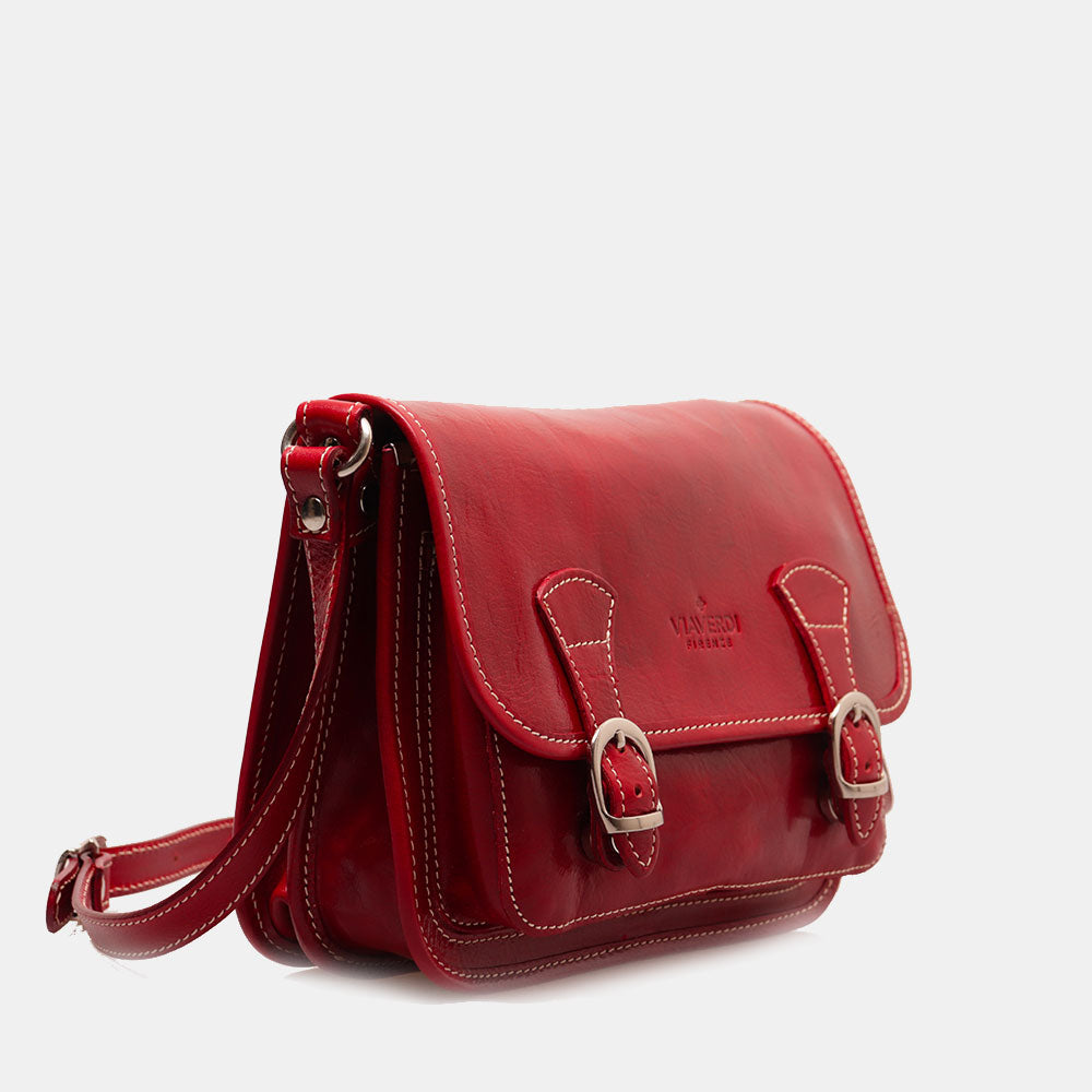 VIAVERDI Red Leather Shoulder Bag, Made in Italy, Florence line.