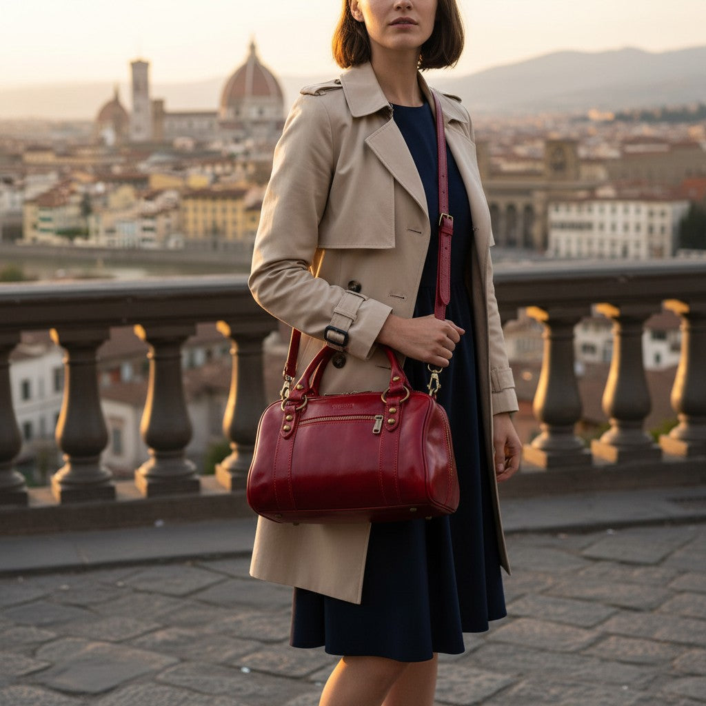 Bowlingtasche mit Henkeln für Damen ViaVerdi aus Rotem Leder Made in Italy – Linie Firenze