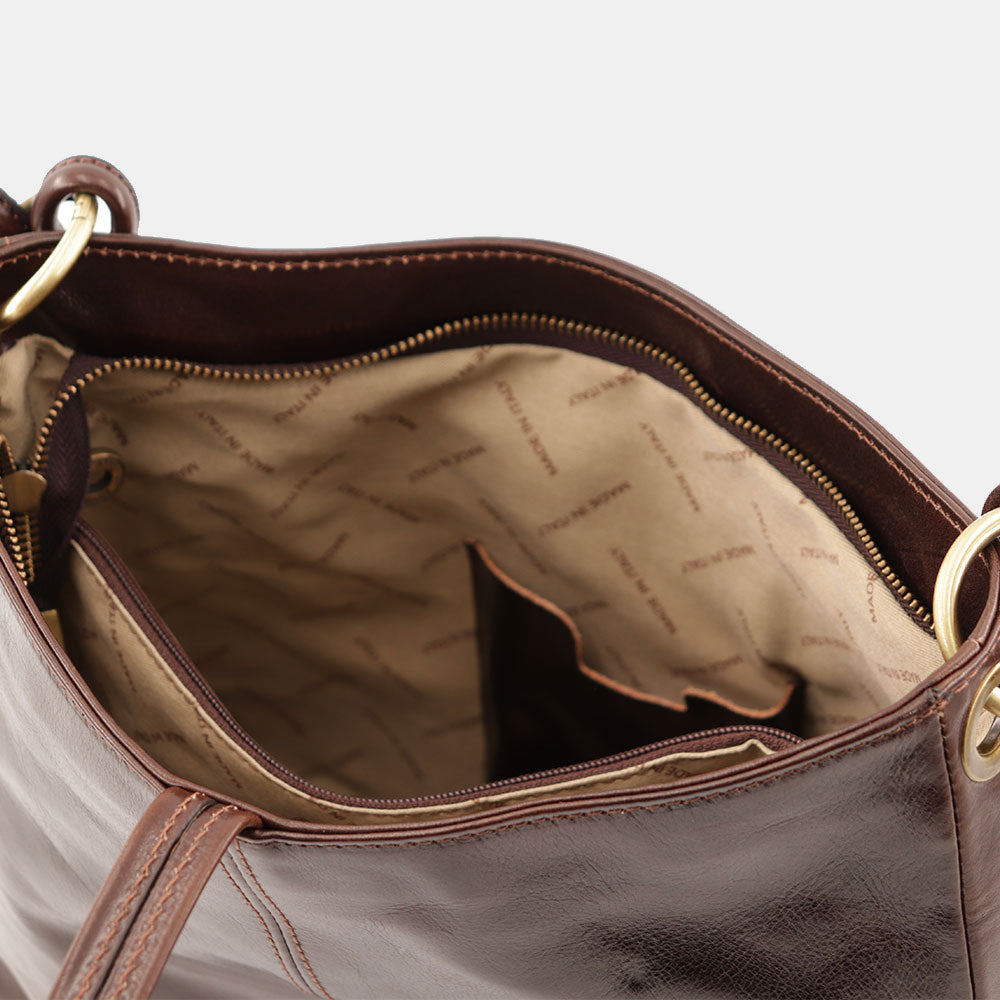 VIAVERDI Hobo Shoulder Bag in Dark Brown Leather Made in Italy Florence line