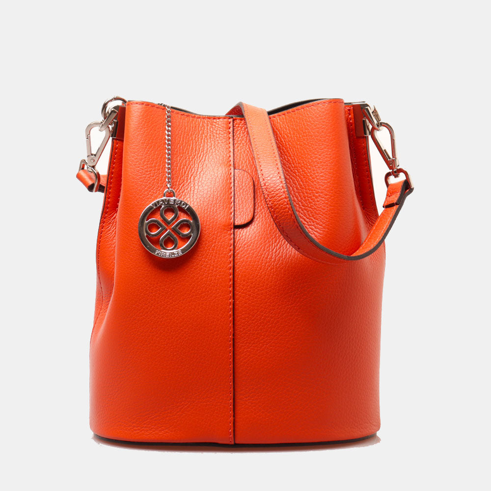 Borsa Secchiello con Tracolla VIAVERDI in Pelle Arancione Made in Italy linea Capalbio