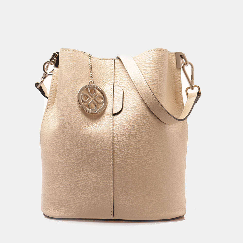 Borsa Secchiello con Tracolla VIAVERDI in Pelle Avorio Made in Italy linea Capalbio