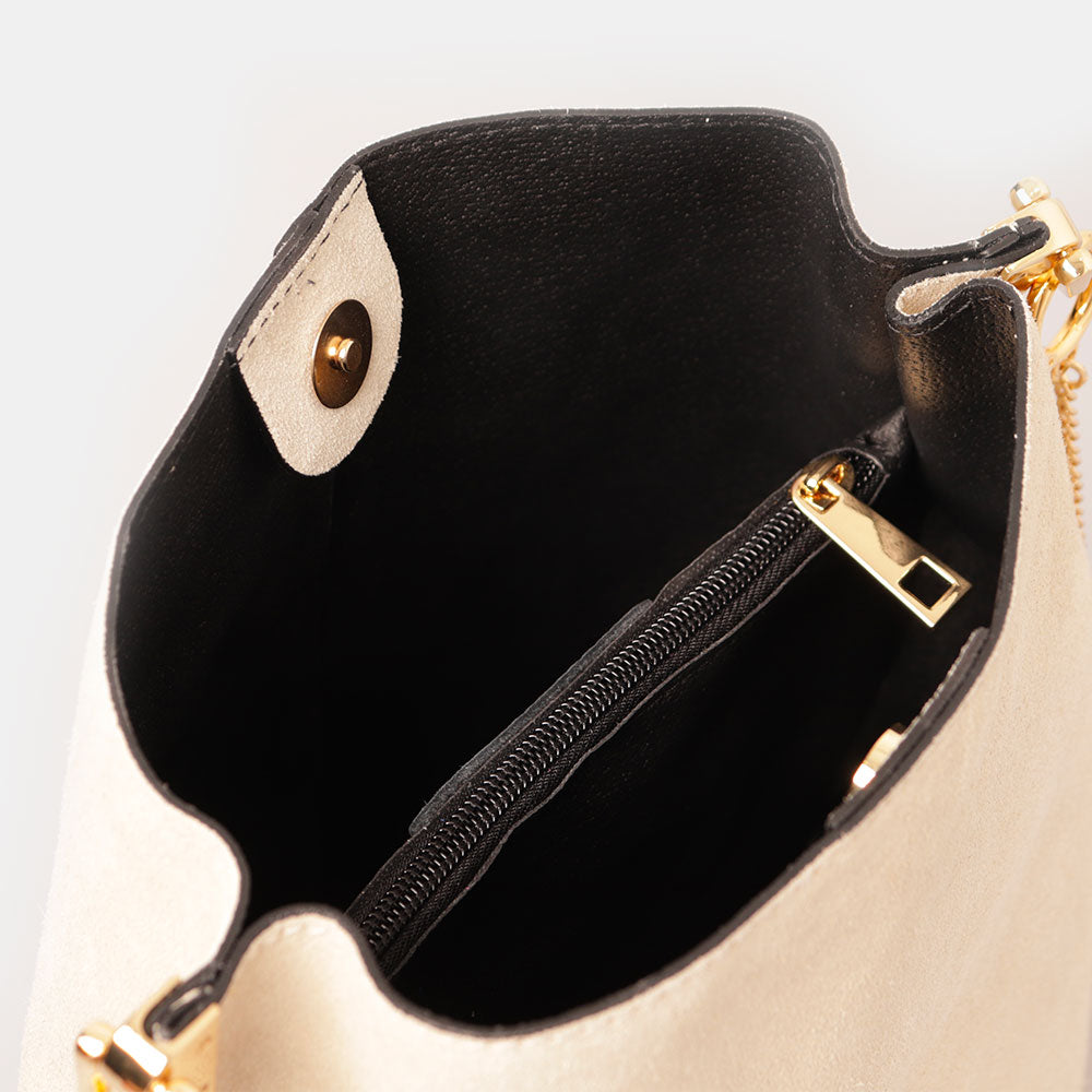 Borsa Secchiello con Tracolla VIAVERDI in Camoscio Avorio Made in Italy linea Capalbio