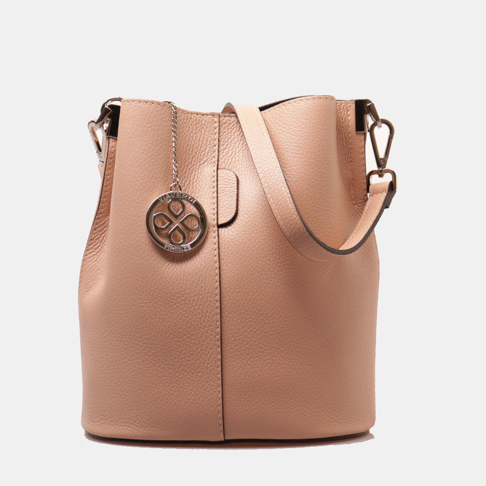 Borsa Secchiello con Tracolla VIAVERDI in Pelle Cipria Made in Italy linea Capalbio
