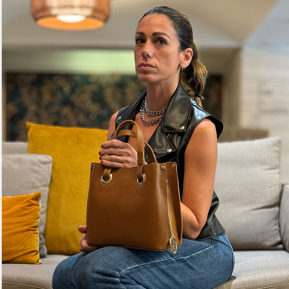 Borsa a Mano VIAVERDI in Pelle color Cuoio Made in Italy