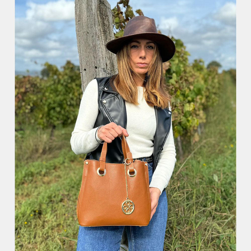 Borsa a Mano VIAVERDI in Pelle color Cuoio Made in Italy
