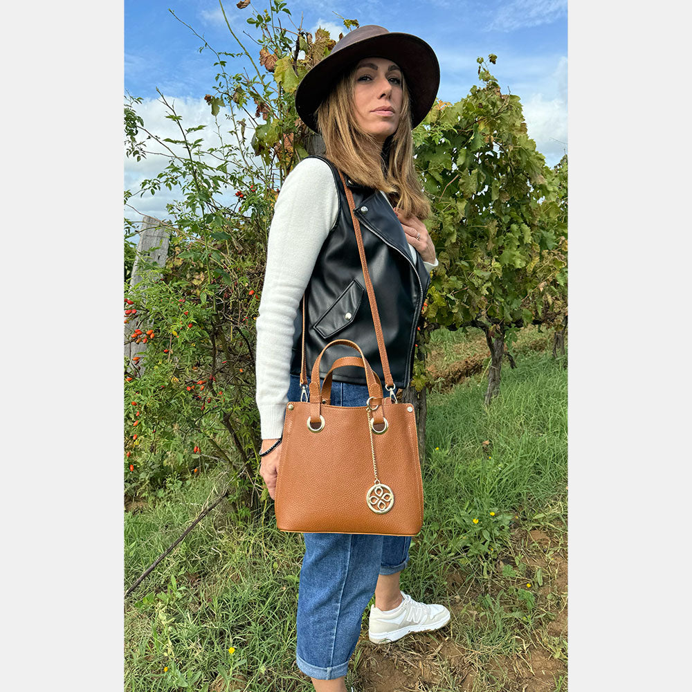 Borsa a Mano VIAVERDI in Pelle color Cuoio Made in Italy