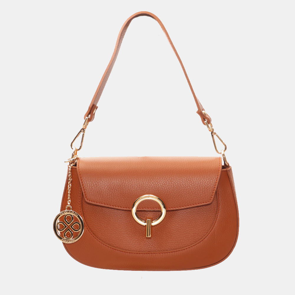 Borsa a Spalla con Tracolla VIAVERDI in Pelle Color Cuoio Made in Italy linea Montalcino