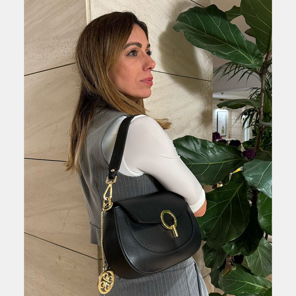 Borsa a Spalla con Tracolla VIAVERDI in Pelle Blu Made in Italy linea Montalcino