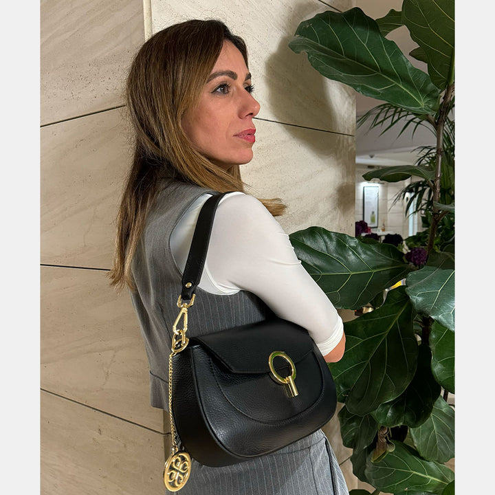 Borsa a Spalla con Tracolla VIAVERDI in Pelle Blu Made in Italy linea Montalcino