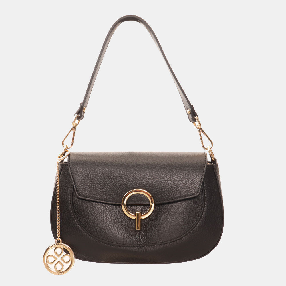 Borsa a Spalla con Tracolla VIAVERDI in Pelle Nera Made in Italy linea Montalcino
