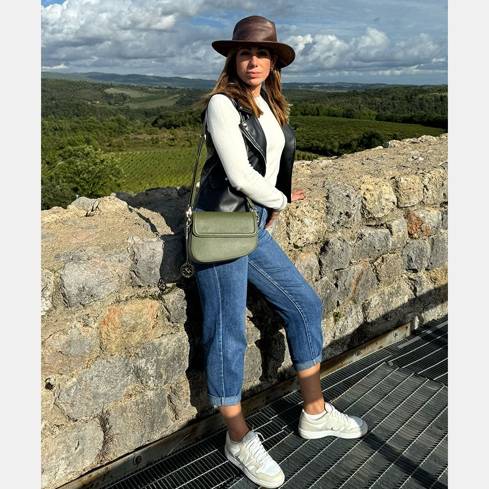 Borsa a Spalla VIAVERDI in Pelle Verde Made in Italy linea San Gimignano
