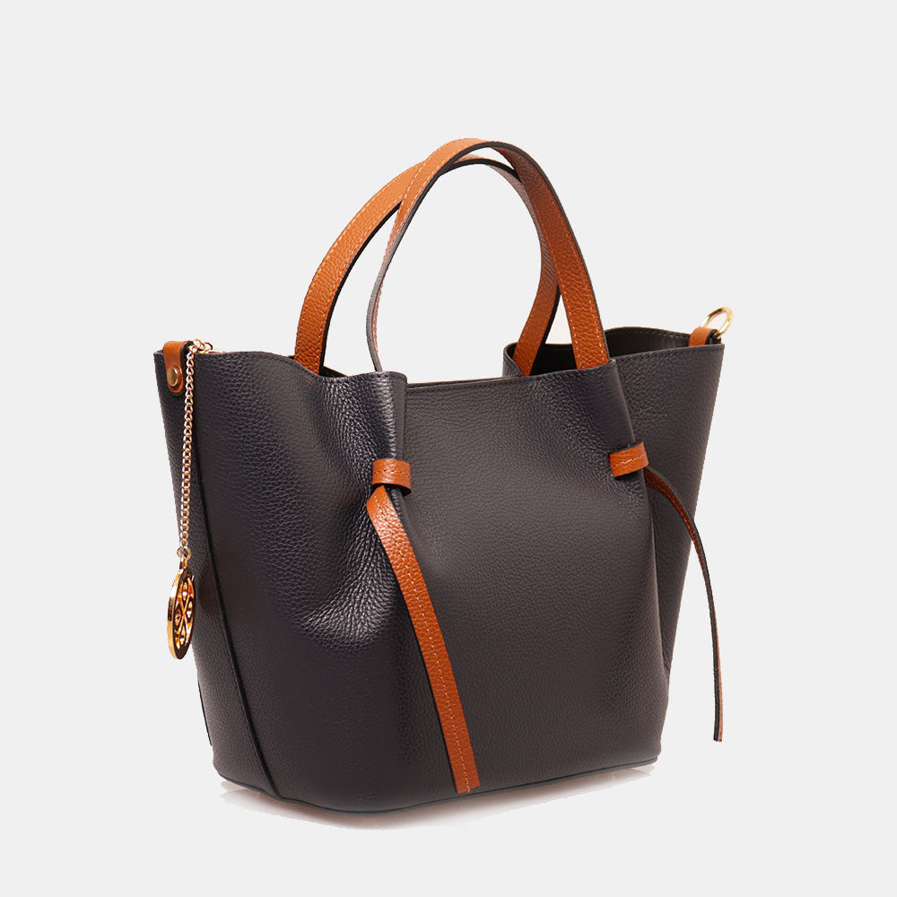 Borsa a Mano con Tracolla VIAVERDI in Pelle Blu e Marrone Made in Italy linea Castiglione