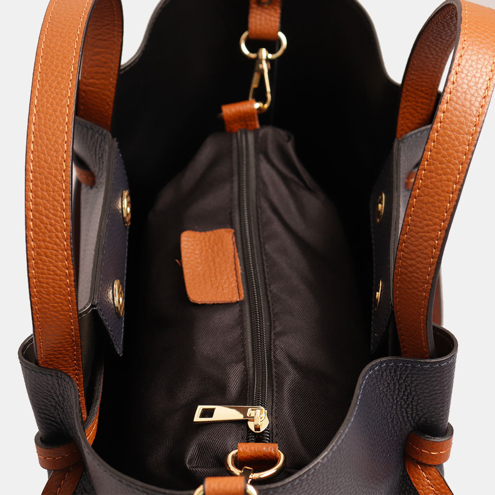 Borsa a Mano con Tracolla VIAVERDI in Pelle Blu e Marrone Made in Italy linea Castiglione