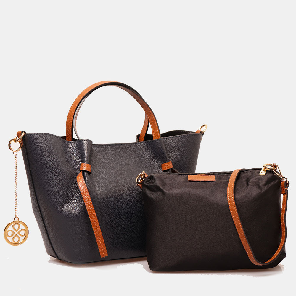 Borsa a Mano con Tracolla VIAVERDI in Pelle Blu e Marrone Made in Italy linea Castiglione