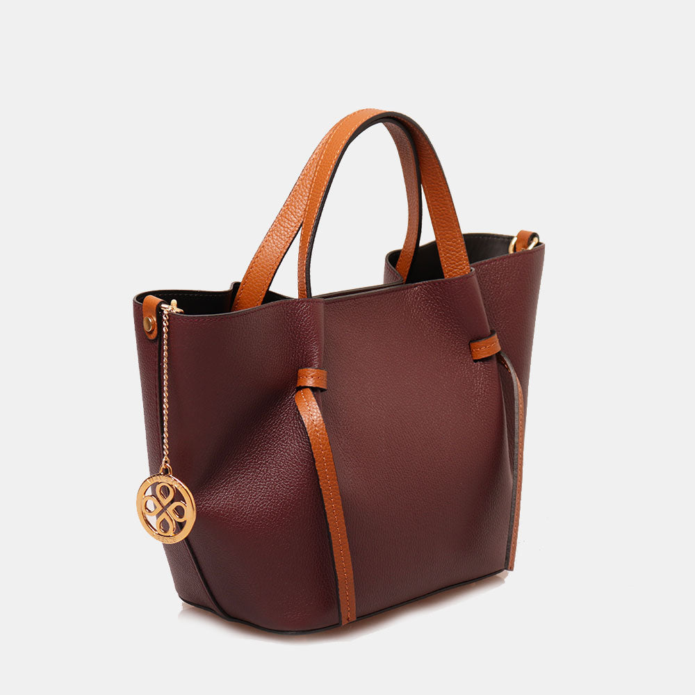 Borsa a Mano con Tracolla VIAVERDI in Pelle Bordeaux e Marrone Made in Italy linea Castiglione