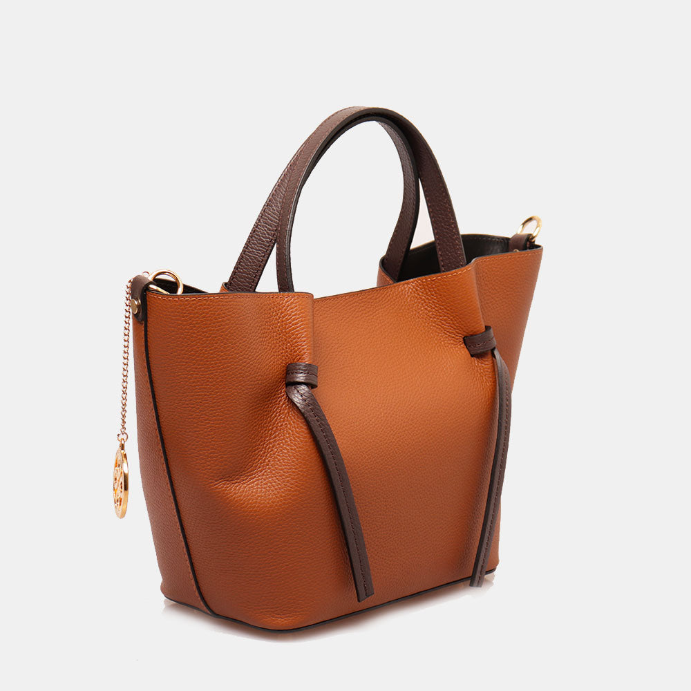 Borsa a Mano con Tracolla VIAVERDI in Pelle Cuoio e Marrone Made in Italy linea Castiglione