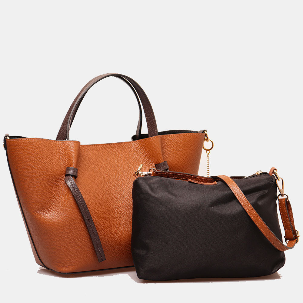 Borsa a Mano con Tracolla VIAVERDI in Pelle Cuoio e Marrone Made in Italy linea Castiglione