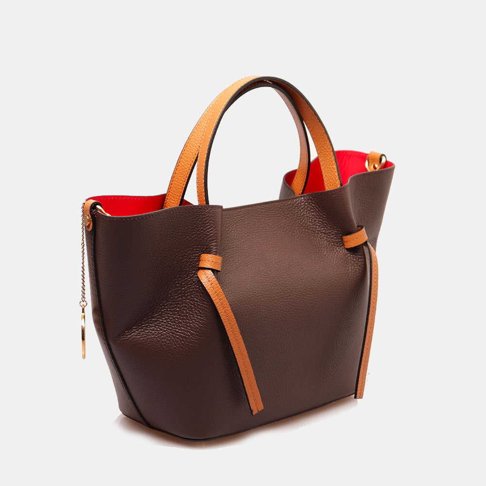 Borsa a Mano con Tracolla VIAVERDI in Pelle Marrone Scuro e Cuoio Made in Italy linea Castiglione