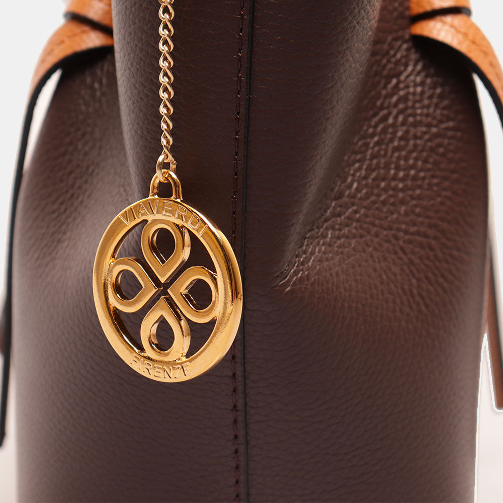 Borsa a Mano con Tracolla VIAVERDI in Pelle Marrone Scuro e Cuoio Made in Italy linea Castiglione