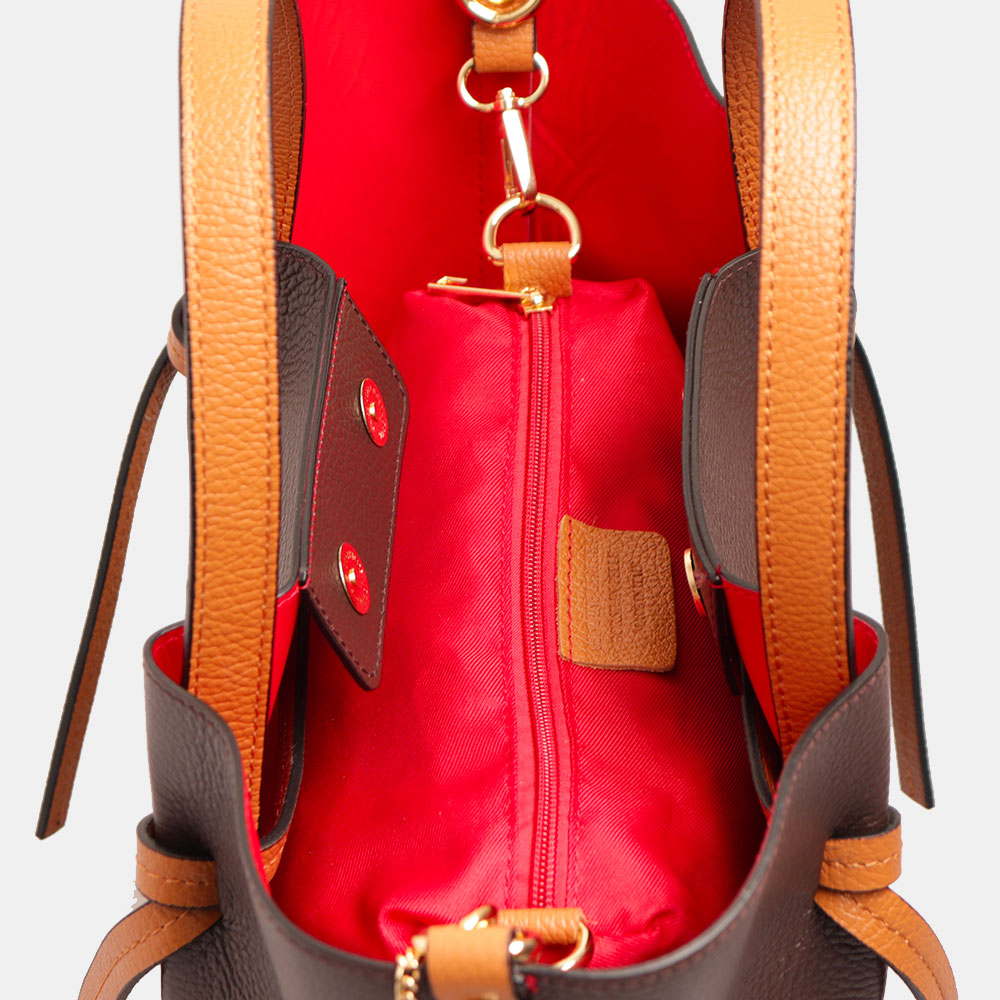 Borsa a Mano con Tracolla VIAVERDI in Pelle Marrone Scuro e Cuoio Made in Italy linea Castiglione