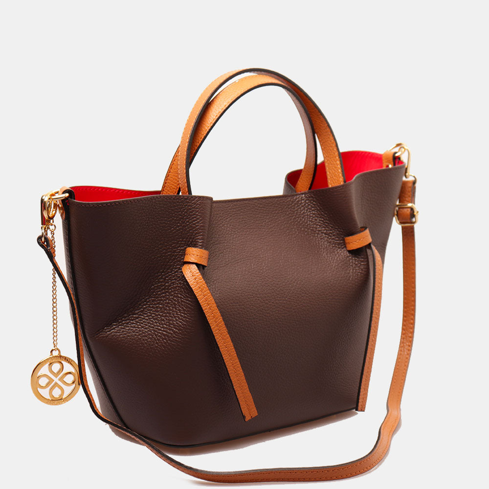 Borsa a Mano con Tracolla VIAVERDI in Pelle Marrone Scuro e Cuoio Made in Italy linea Castiglione