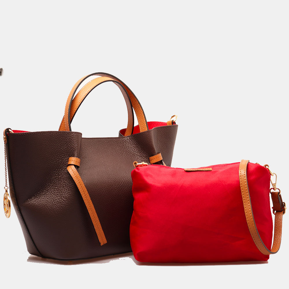 Borsa a Mano con Tracolla VIAVERDI in Pelle Marrone Scuro e Cuoio Made in Italy linea Castiglione