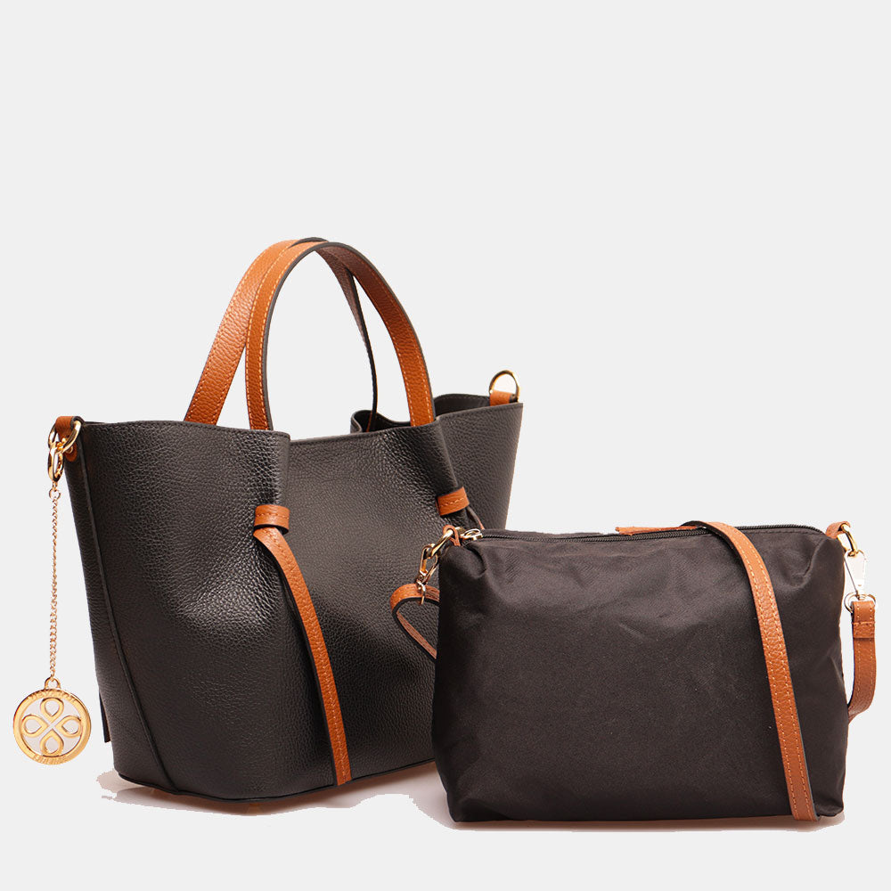 Borsa a Mano con Tracolla VIAVERDI in Pelle Nera e Marrone Made in Italy linea Castiglione