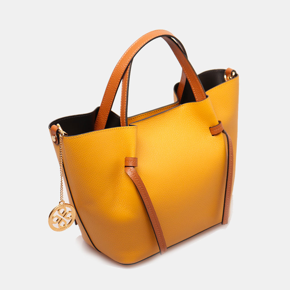 Borsa a Mano con Tracolla VIAVERDI in Pelle Senape e Marrone Made in Italy linea Castiglione