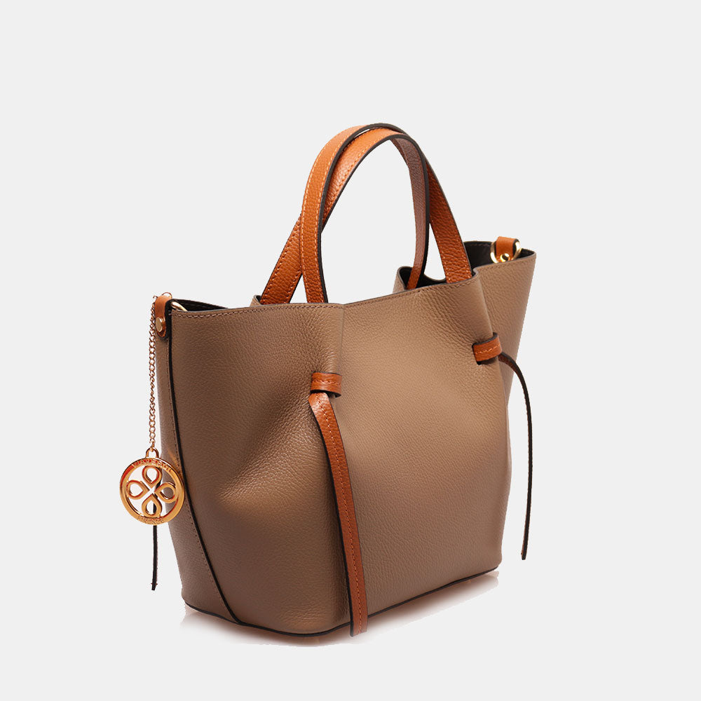 Borsa a Mano con Tracolla VIAVERDI in Pelle Taupe e Marrone Made in Italy linea Castiglione