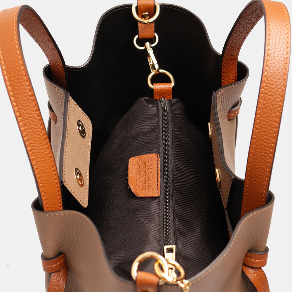 Borsa a Mano con Tracolla VIAVERDI in Pelle Taupe e Marrone Made in Italy linea Castiglione