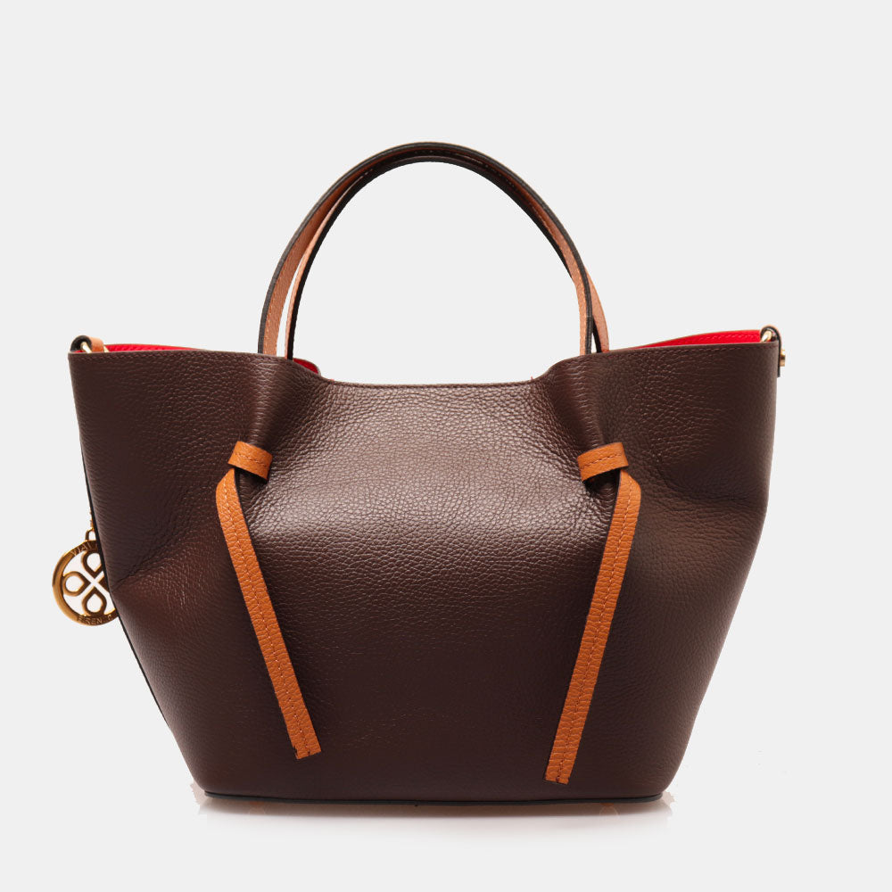 Borsa a Mano con Tracolla VIAVERDI in Pelle Marrone Scuro e Cuoio Made in Italy linea Castiglione