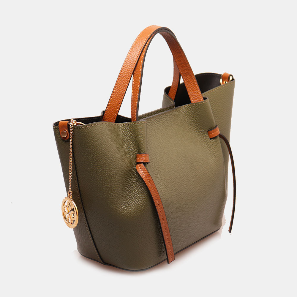 Borsa a Mano con Tracolla VIAVERDI in Pelle Verde e Marrone Made in Italy linea Castiglione
