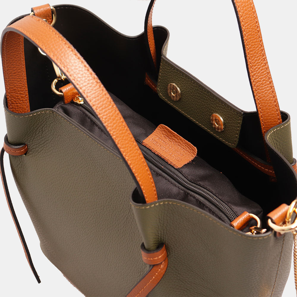 Borsa a Mano con Tracolla VIAVERDI in Pelle Verde e Marrone Made in Italy linea Castiglione