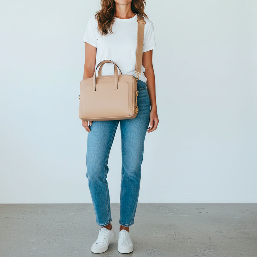 Borsa Business in Pelle Taupe VIAVERDI Made in Italy - Porta Pc 15.6