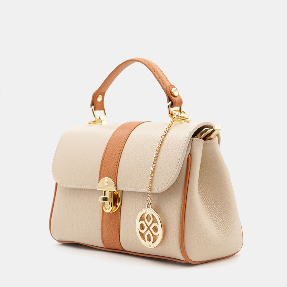 Borsa a Mano VIAVERDI in Pelle Beige e Cuoio Made in Italy linea Montalcino