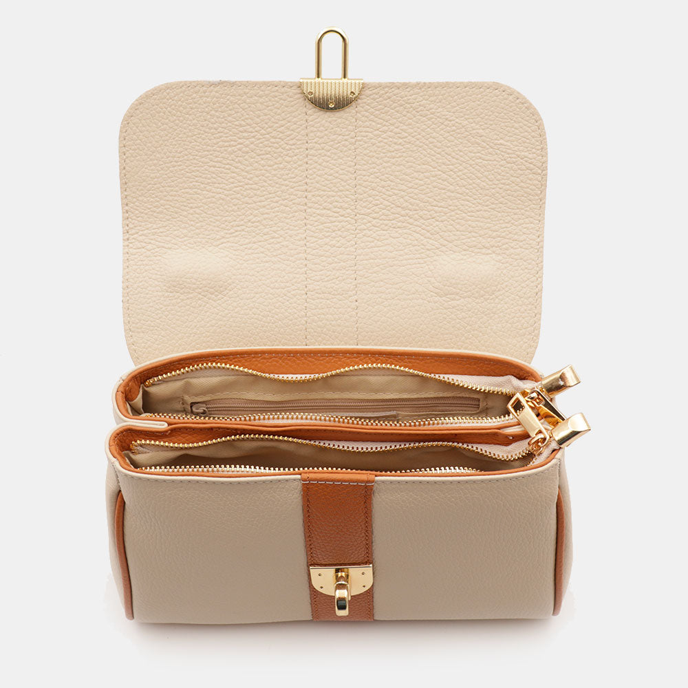 Borsa a Mano VIAVERDI in Pelle Beige e Cuoio Made in Italy linea Montalcino