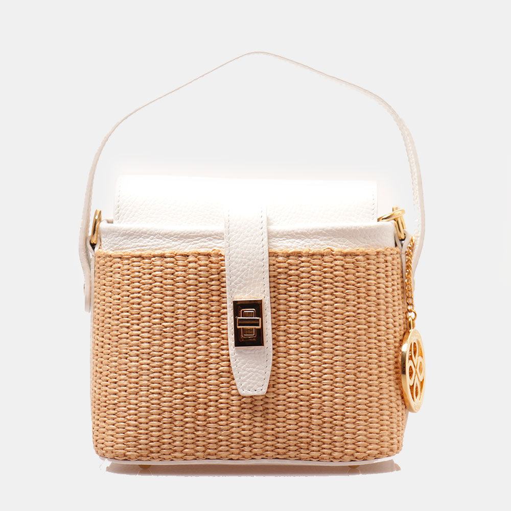 Borsa Donna a Mano VIAVERDI in Pelle Bianca e Rafia Made in Italy