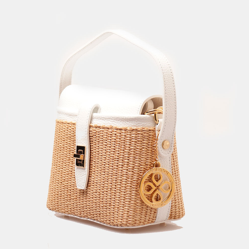 Borsa Donna a Mano VIAVERDI in Pelle Bianca e Rafia Made in Italy