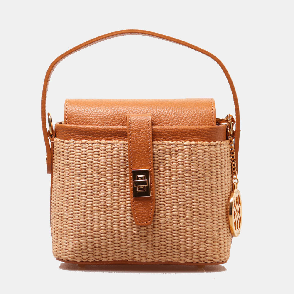 Borsa Donna a Mano VIAVERDI in Pelle color Cuoio e Rafia Made in Italy