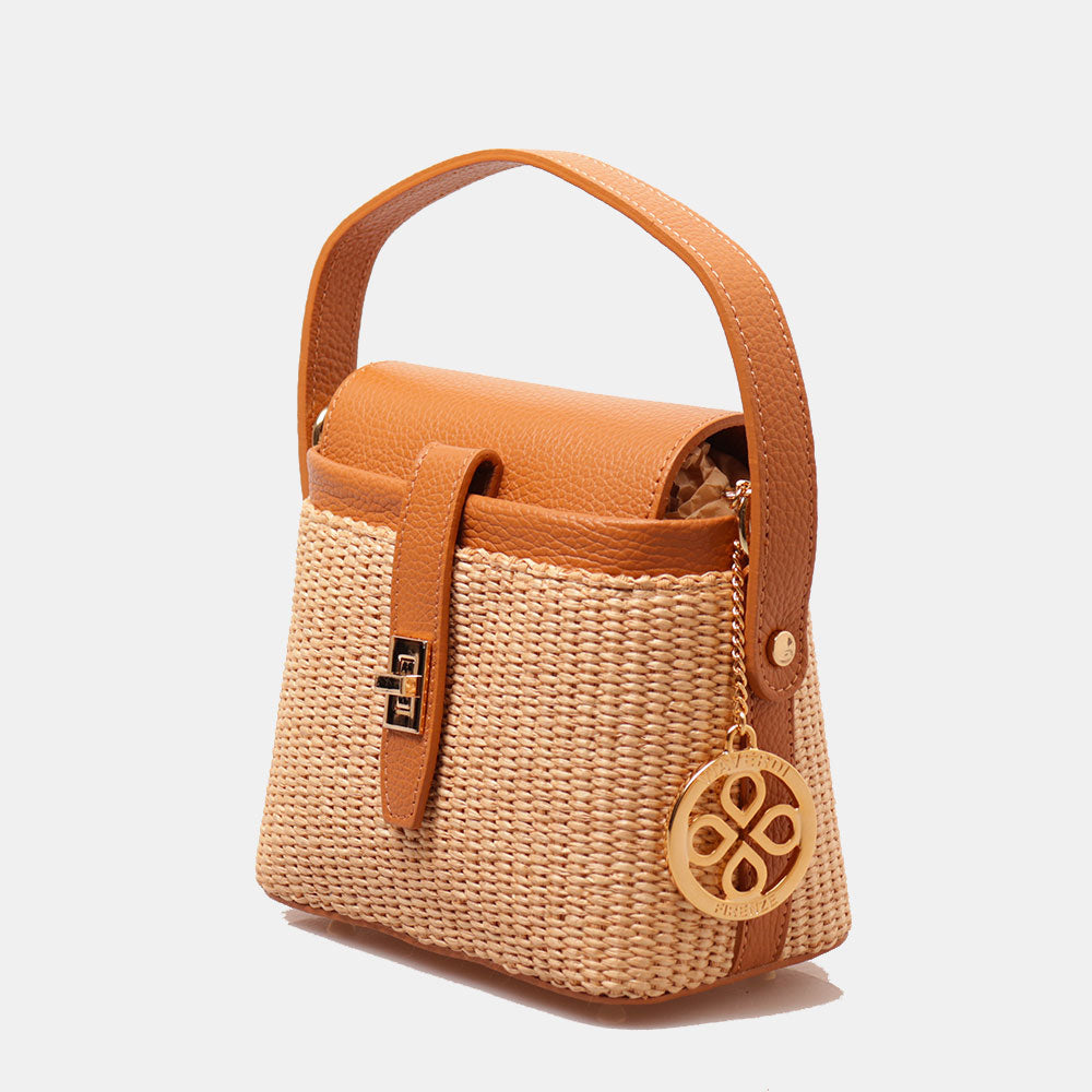 Borsa Donna a Mano VIAVERDI in Pelle color Cuoio e Rafia Made in Italy