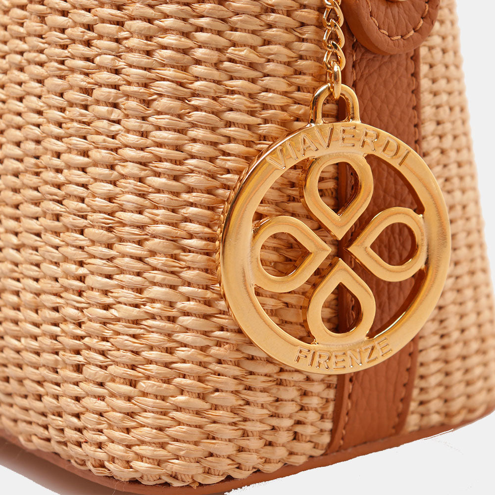 Borsa Donna a Mano VIAVERDI in Pelle color Cuoio e Rafia Made in Italy