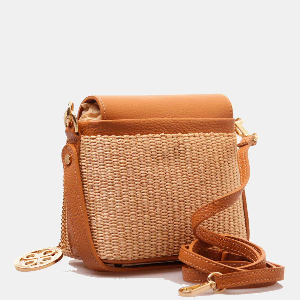 Borsa Donna a Mano VIAVERDI in Pelle color Cuoio e Rafia Made in Italy