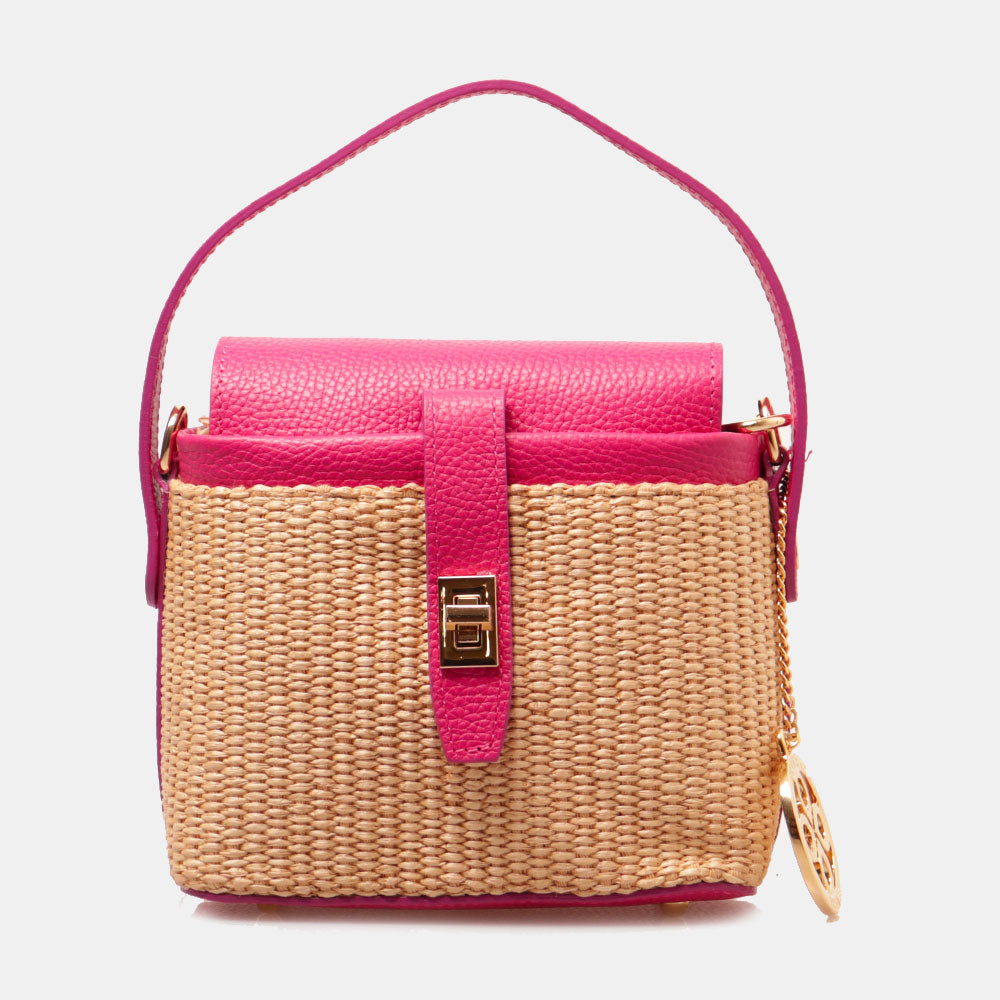 Borsa Donna a Mano VIAVERDI in Pelle Fucsia e Rafia Made in Italy