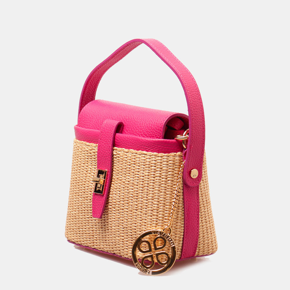 Borsa Donna a Mano VIAVERDI in Pelle Fucsia e Rafia Made in Italy