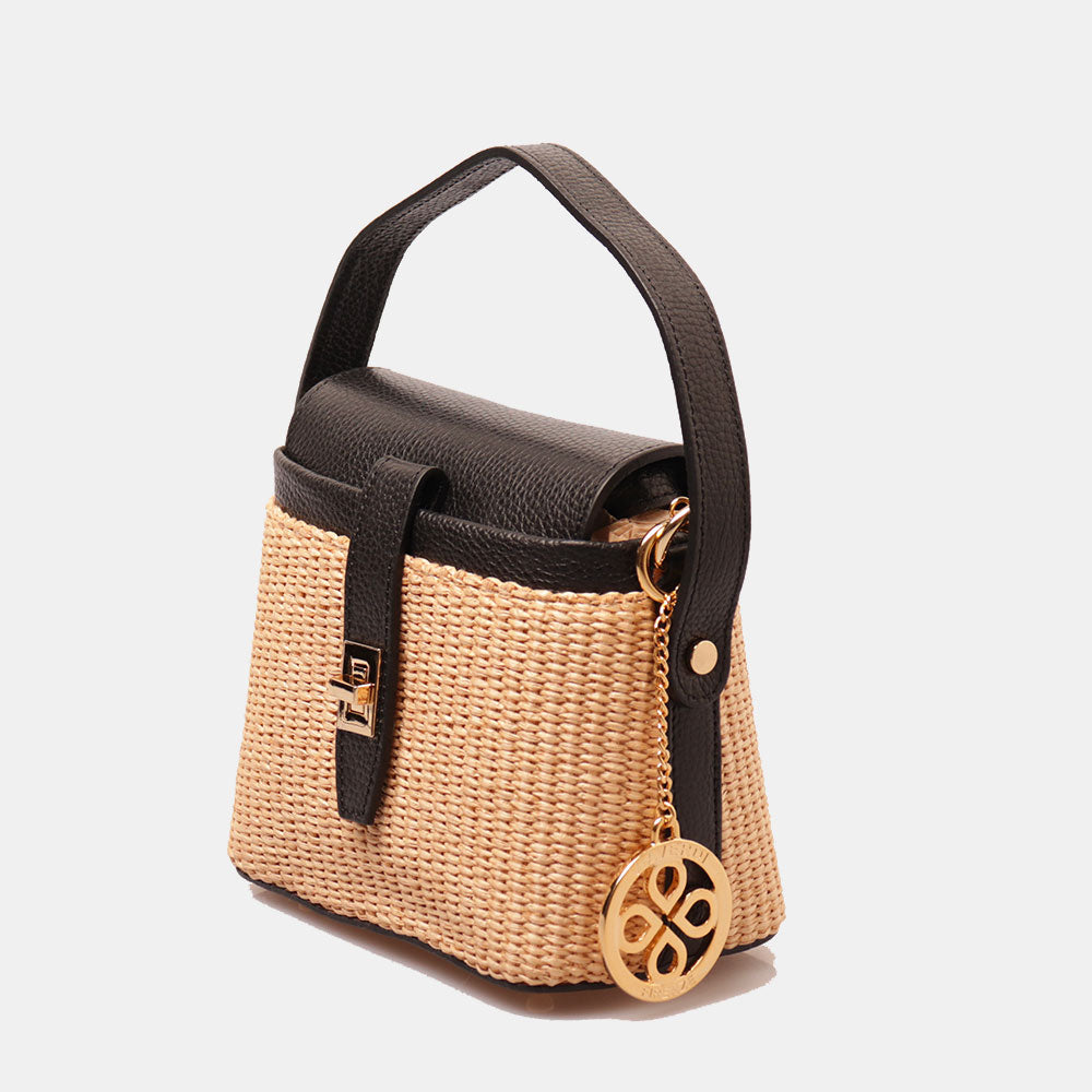 Borsa Donna a Mano VIAVERDI in Pelle Nera e Rafia Made in Italy