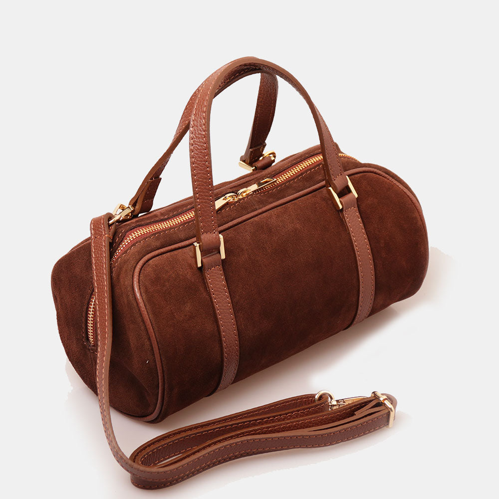 Borsa Bauletto a Mano con Tracolla VIAVERDI in Camoscio Marrone Made in Italy linea Barga