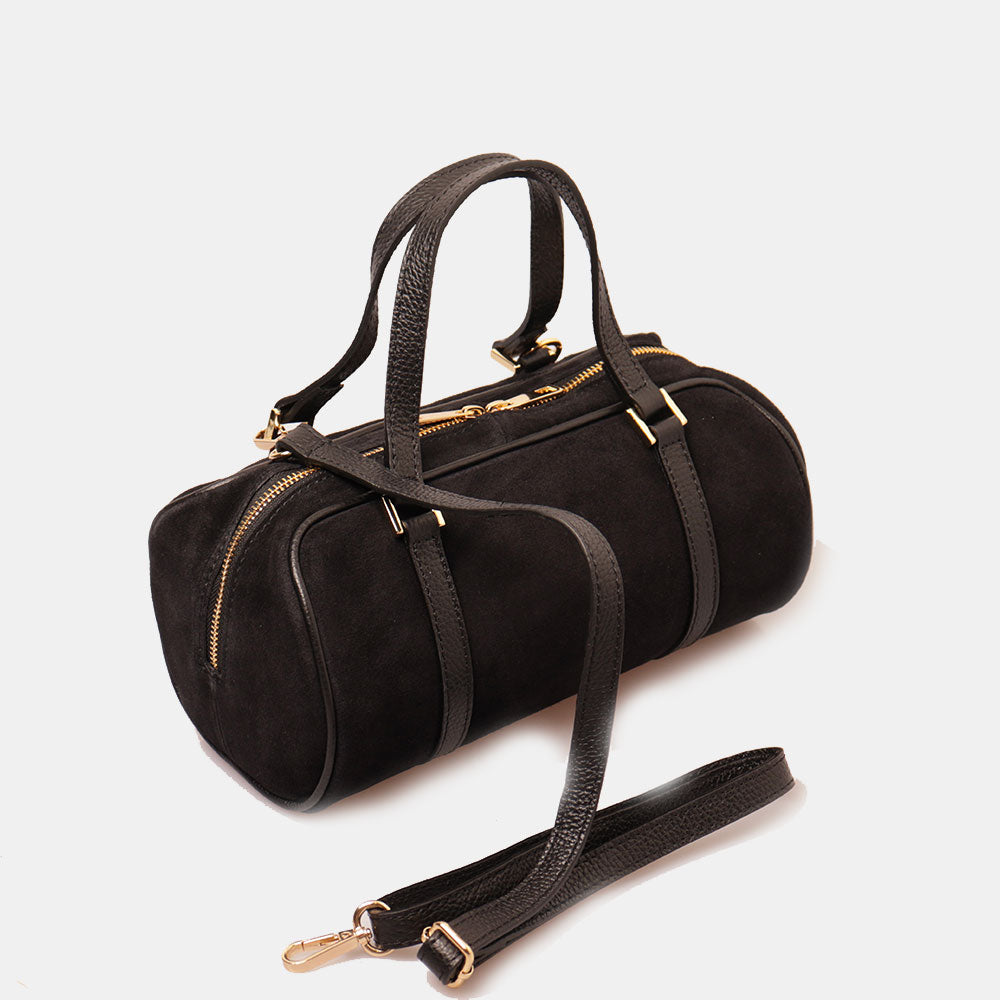 Borsa Bauletto a Mano con Tracolla VIAVERDI in Camoscio Nero Made in Italy linea Barga