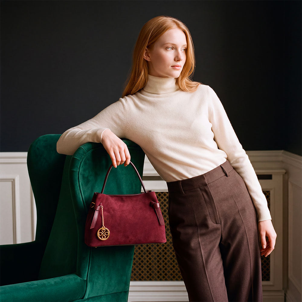 VIAVERDI Handbag in Suede Bordeaux, Made in Italy, Castiglione line.