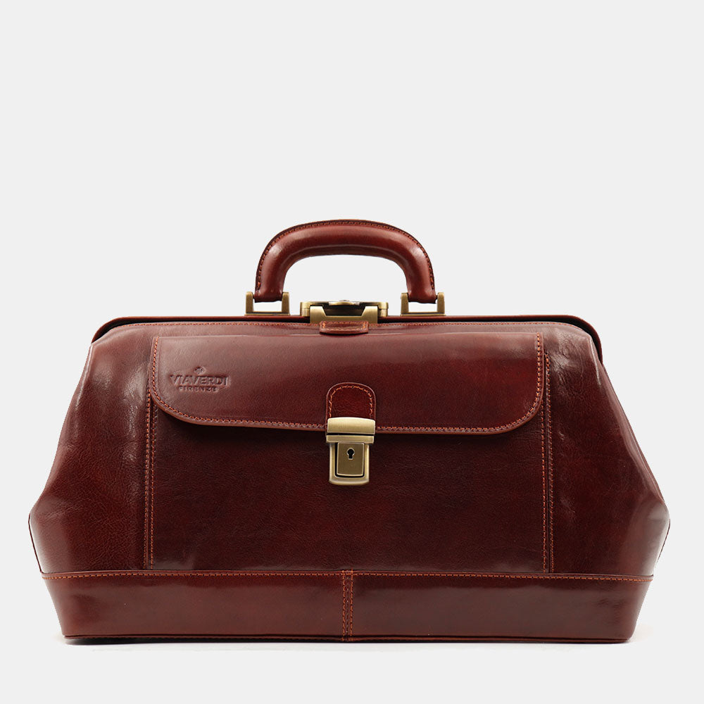 VIAVERDI Classic Brown Leather Doctor's Bag Made in Italy Florence Line